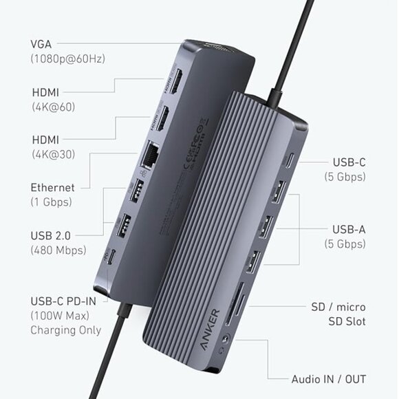 Anker Other - Anker 14-in-1 USB C Hub Laptop Docking Station Triple Display 4K HDMI 1080P VGA